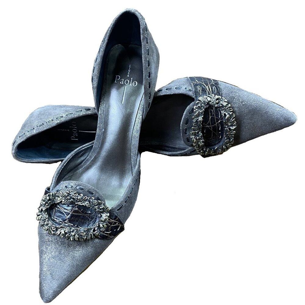 Linea Paolo Metallic Gray Pointed Toe D’Orsay Kitten Heels Pumps Buckle 5.5M